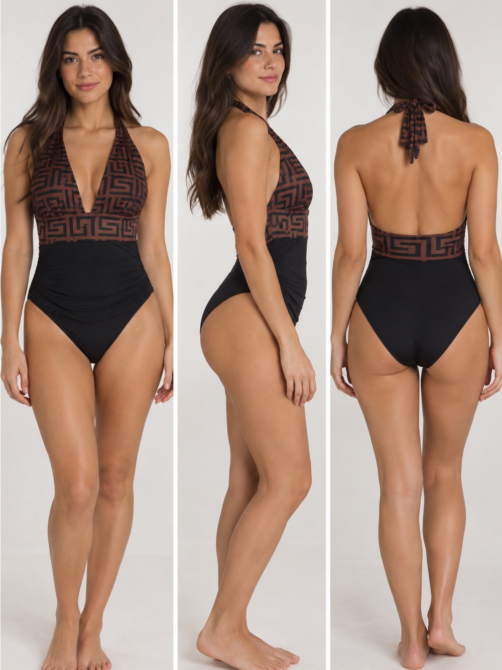 Women’s Halter One-Piece Swimsuit in Brown and Black